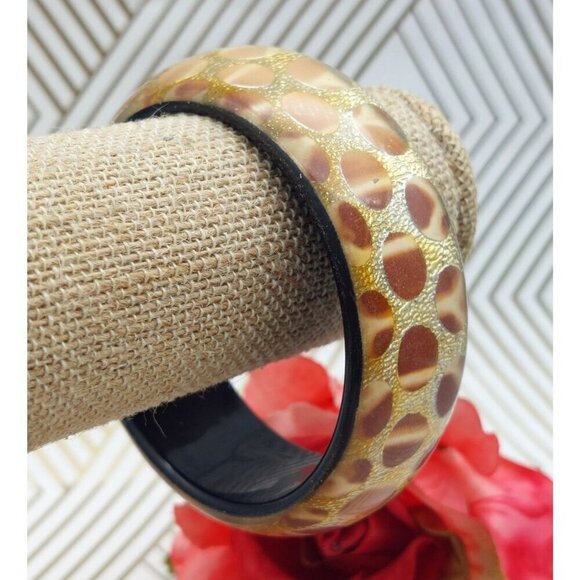 Vintage Clear Lucite Foil Back Chunky Bangle Bracelet Brown Gold Spoted Design - Picture 2 of 7